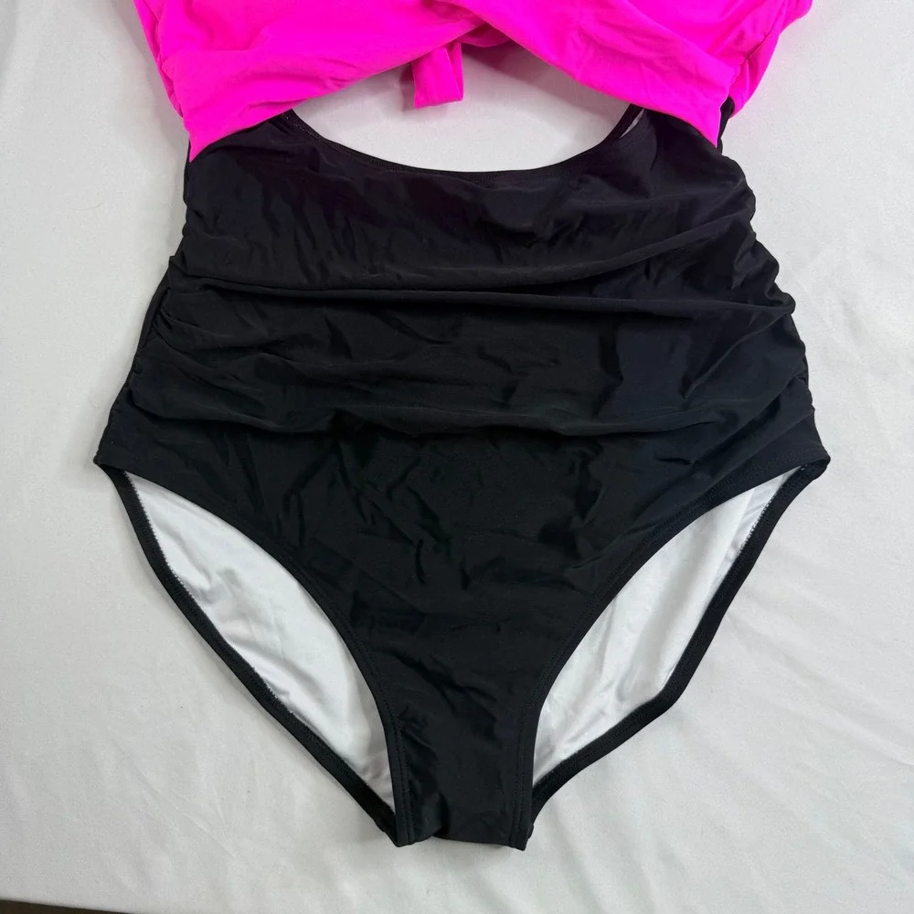 Tummy Control Slimming Pink and Black Cutout One Piece Swimsuit Ruched Large NWT